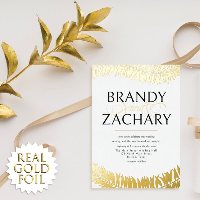 Invitation En Aluminium Élégant Feuille d'or blanc simple Mariage Real Foi (Créateur téléchargé)