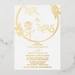Invitation En Aluminium Élégant Feuille d'Or Émeraude Mariage M. & Mme