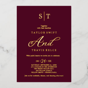 Invitation En Aluminium Élégant Feuille d'Or   Mariage Monogramme Bordeaux