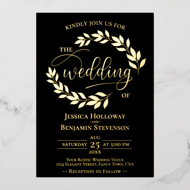 Invitation En Aluminium Elégant Feuille or sur Mariage Black Classy (Recto)