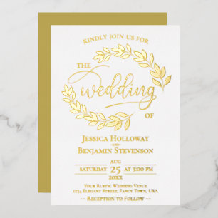 Invitation En Aluminium Elégant Feuille or sur Mariage blanc Classy