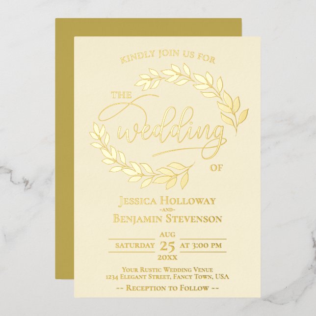Invitation En Aluminium Elégant Feuilles d'or sur Ivory Cream Classy Maria (Recto/Verso)