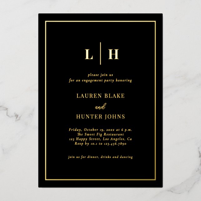 Invitation En Aluminium Élégant Fiançailles Traditionnel Noir Et Or (Recto)
