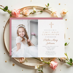 Invitation En Aluminium Elégant fille photo Premier Rose Communion Gold