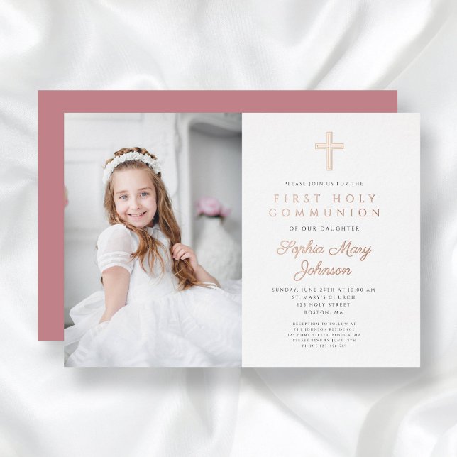 Invitation En Aluminium Elégant fille photo Premier Rose Communion Gold (Elegant Girl Photo First Communion Rose Gold Foil Invitation)