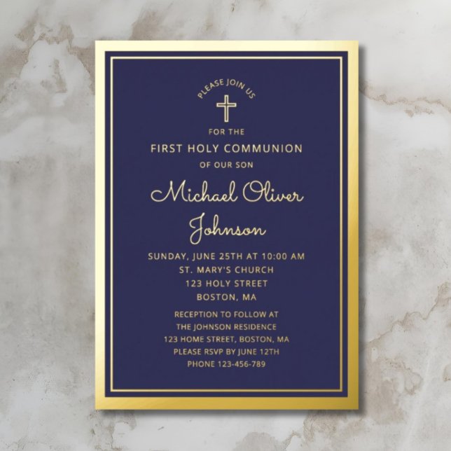 Invitation En Aluminium Elégant First Communion Marine Blue Boy Gold (Elegant First Communion Navy Blue Boy Gold Foil Invitation)