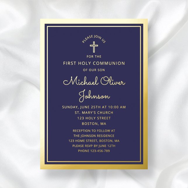 Invitation En Aluminium Elégant First Communion Marine Blue Boy Gold (Elegant First Communion Navy Blue Boy Gold Foil Invitation)