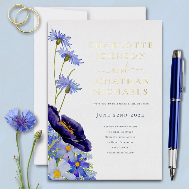 Invitation En Aluminium Elégant Fleur sauvage floral bleu et or (Modern wildflower blue floral gold foil typography wedding invitation )