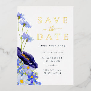 Invitation En Aluminium Elégant Fleur sauvage Gold Marine Mariage bleu