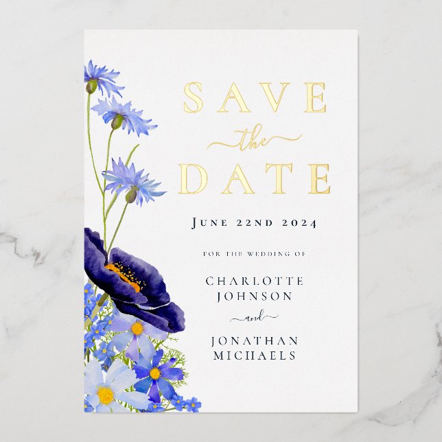 Invitation En Aluminium Elégant Fleur sauvage Gold Marine Mariage bleu (Recto)