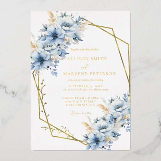 Invitation En Aluminium Élégant Fleurs Bleues Géométrique Cadre Fleur Mari (Recto)
