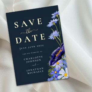 Invitation En Aluminium Élégant Fleurs Bleues Mariage Économisez la Date O
