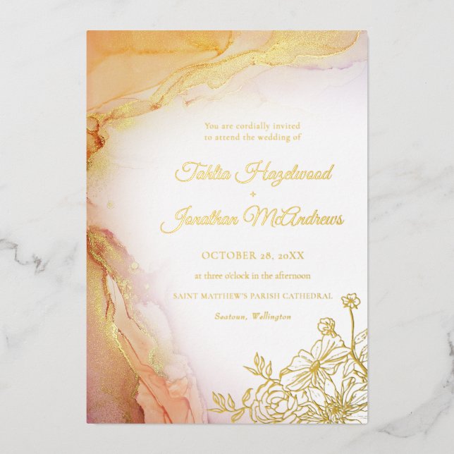 Invitation En Aluminium Elégant Floral Abstrait Mariage Gold (Recto)
