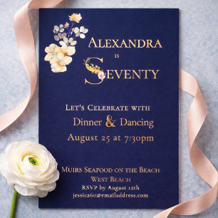 Invitation En Aluminium Élégant floral aquarelle marine 70e anniversaire