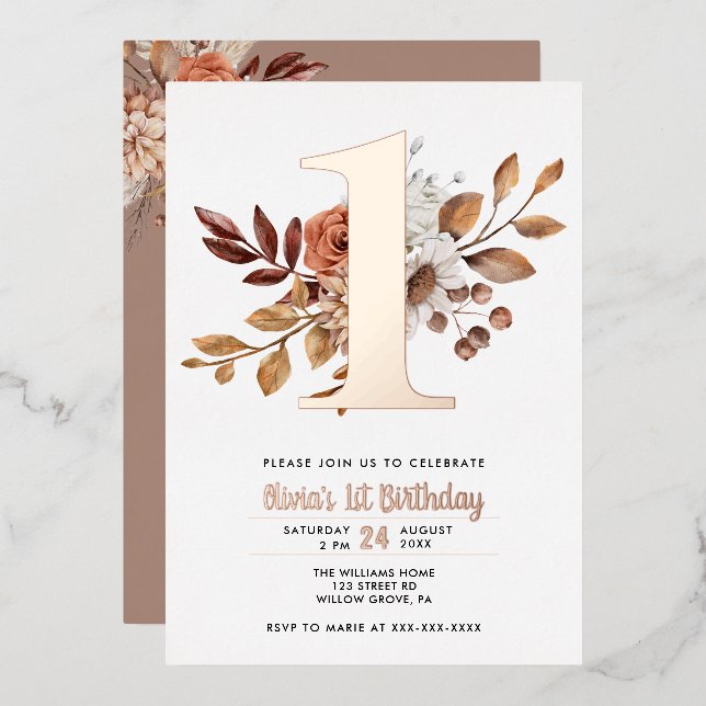 Invitation En Aluminium Elégant Floral Automne 1er Anniversaire Foil Invit (Recto/Verso)