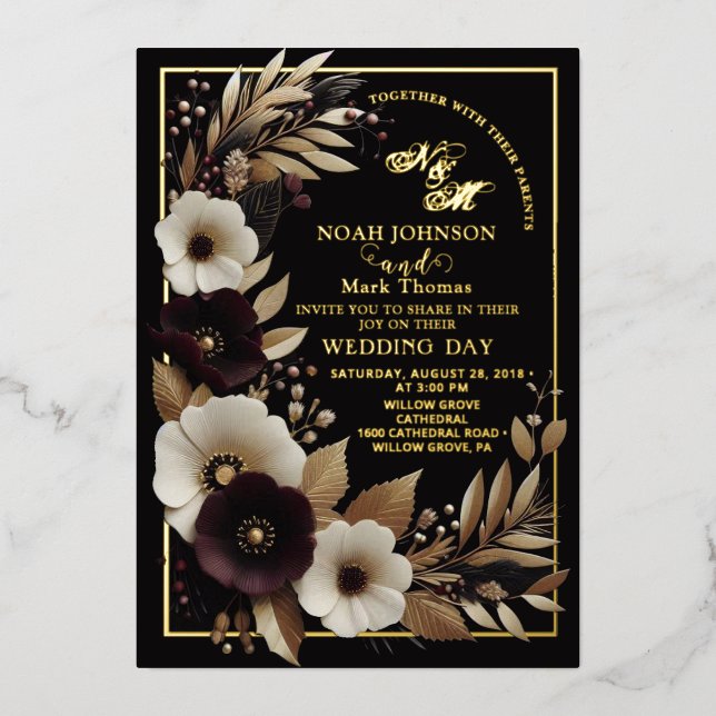 Invitation En Aluminium  Élégant Floral Boho Noir, Bourgogne et Or  (Recto)