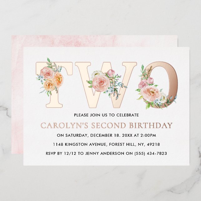 Invitation En Aluminium Élégant floral DEUX 2e anniversaire réel (Recto/Verso)