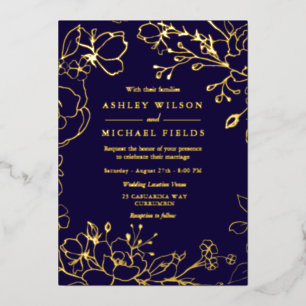 Invitation En Aluminium Élégant floral doré mariage moderne Navy or vérita