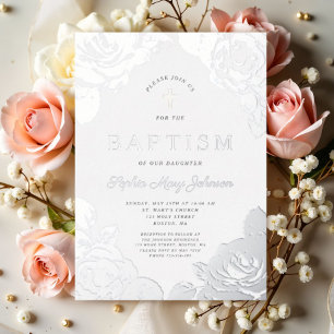 Invitation En Aluminium Élégant floral fille Baptême argent