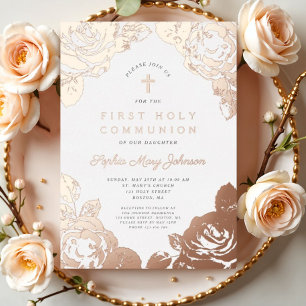 Invitation En Aluminium Élégant Floral First Communion Rose Gold