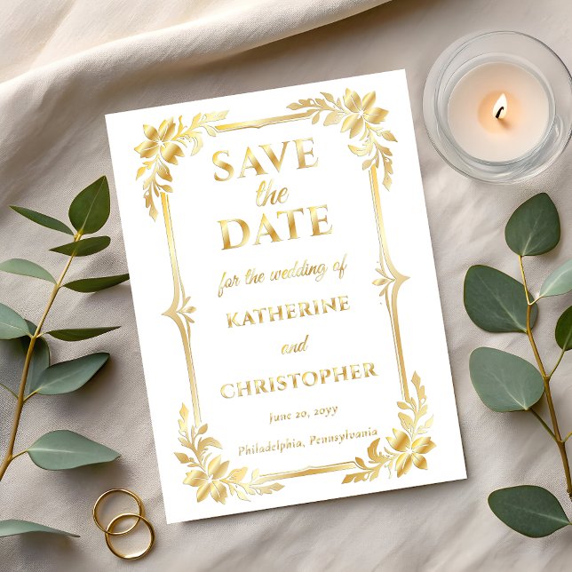 Invitation En Aluminium Elegant Floral Frame Photo Wedding Save the Date (Elegant Floral Frame Photo Wedding Gold Foil Save the Dates )