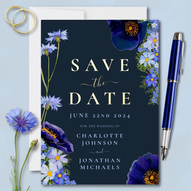 Invitation En Aluminium Elégant Floral Mariage Marine Bleu et Or (Elegant wildflower navy blue floral gold foil wedding save the date invitation )
