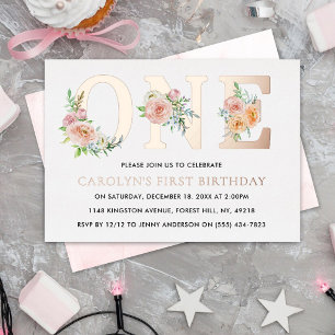 Invitation En Aluminium Elégant floral ONE 1er anniversaire réel