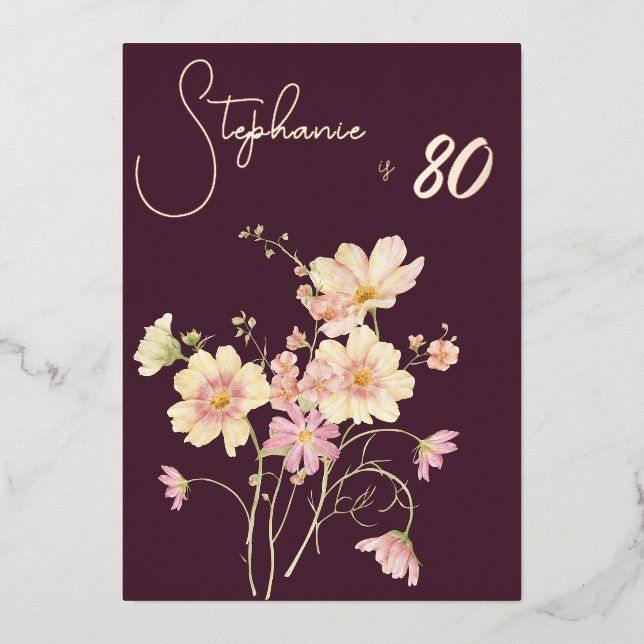 Invitation En Aluminium Elegant Floral Plum Blush 80th Birthday Rose Gold  (Recto)