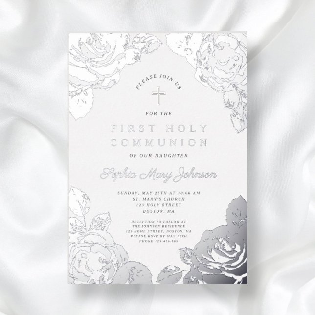 Invitation En Aluminium Élégant floral première communion argent (Elegant Floral First Communion Silver Foil Invitation)