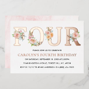 Invitation En Aluminium Elégant Floral QUATRE 4e anniversaire Real
