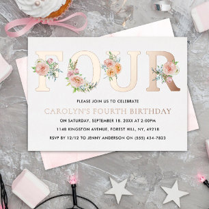 Invitation En Aluminium Élégant floral QUATRE 4e anniversaire réel