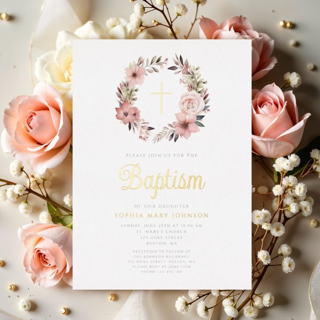 Invitation En Aluminium Élégant Floral Rose Wreath Girl Baptism (Créateur téléchargé)