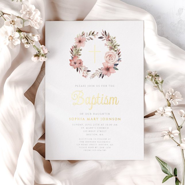 Invitation En Aluminium Élégant Floral Rose Wreath Girl Baptism (Elegant Floral Pink Wreath Girl Baptism Foil Invitation)