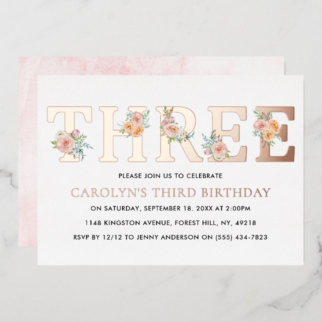 Invitation En Aluminium Elégant Floral TROIS 3e anniversaire Real (Recto/Verso)