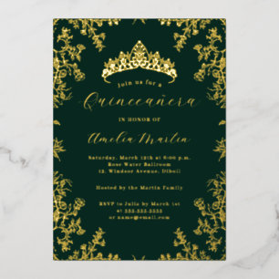 Invitation En Aluminium Élégant floral vintage or émeraude pour Quinceaner