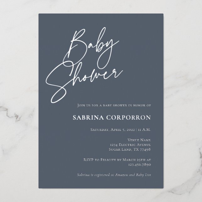 Invitation En Aluminium Elégant Foil Sexe Douche neutre | Dusty Blue (Recto)