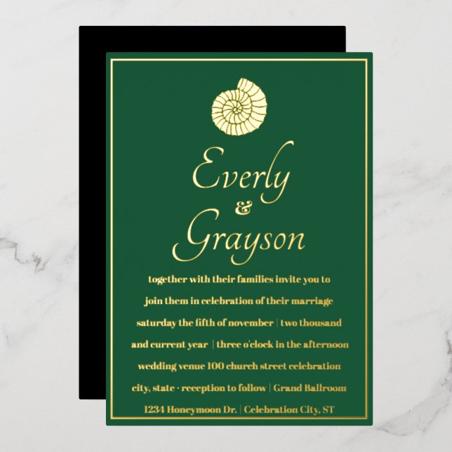 Invitation En Aluminium Elégant Forest Green et Gold Beach Mariage (Recto/Verso)
