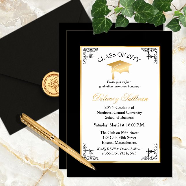 Invitation En Aluminium Élégant Formal College Graduation Party Gold (Elegant Gold Foil, Black and White Formal College Graduation Party Invitation)