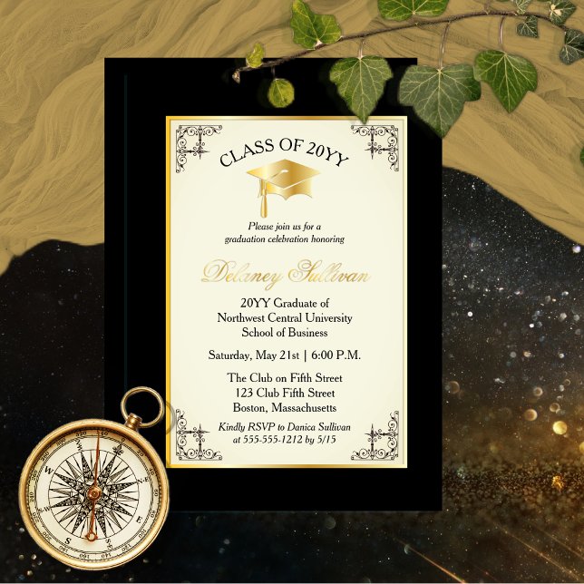 Invitation En Aluminium Élégant Formal College Graduation Party Gold Foil (Elegant Formal College Graduation Party - Gold Foil and Black with Off White Center Panel Invitation)