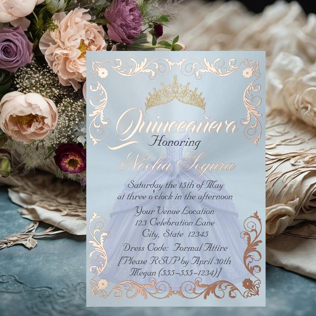 Invitation En Aluminium Elegant Frame & Photo on Pastel Blue Quinceanera  (Créateur téléchargé)