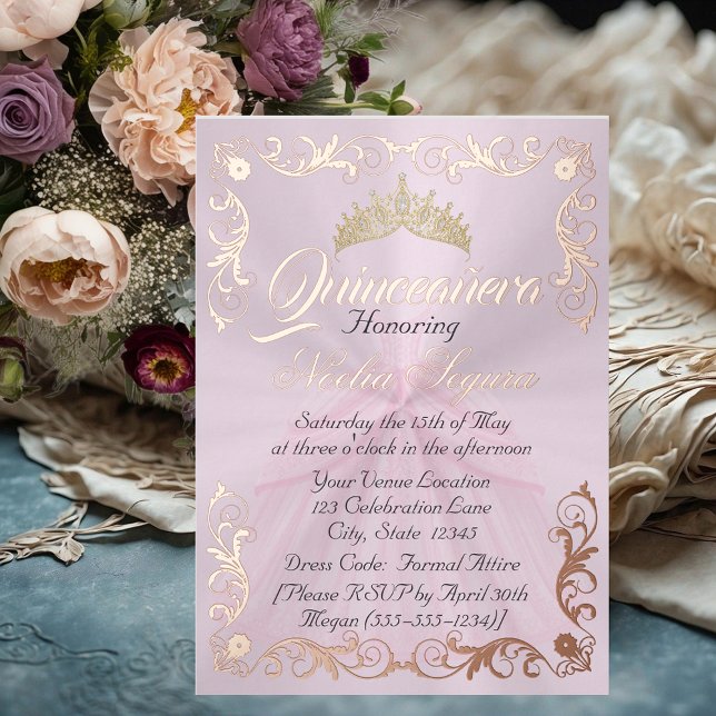 Invitation En Aluminium Elegant Frame & Photo on Pastel Pink Quinceanera  (Créateur téléchargé)
