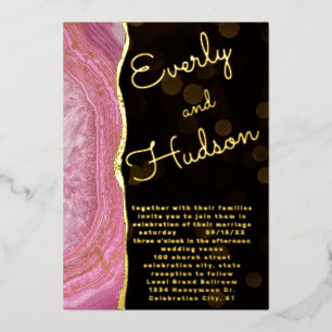 Invitation En Aluminium Elégant Galaxy Agate Géode rose et Mariage or