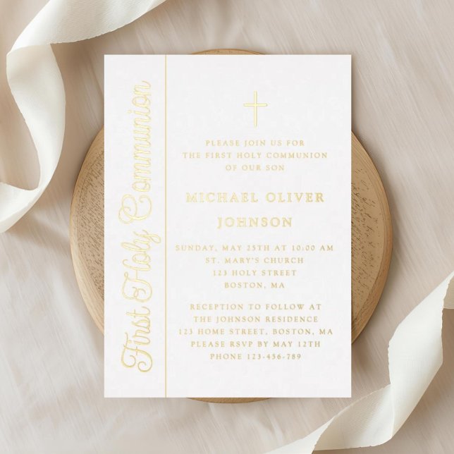 Invitation En Aluminium Élégant Garçon Script Première Communion Or (Elegant Script Boy First Communion Gold Foil Invitation)