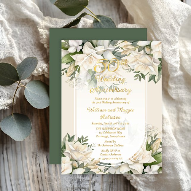 Invitation En Aluminium Elégant Gardenia Floral 50e anniversaire de Mariag (Elegant Gardenia Floral 50th Wedding Anniversary Gold Foil Invitation)