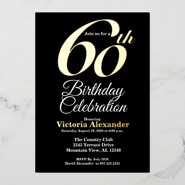Invitation En Aluminium Elegant Gold and Black 60th Birthday (Recto)