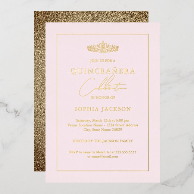 Invitation En Aluminium Elégant Gold Blush Pink Quinceanera 15e anniversai (Recto/Verso)