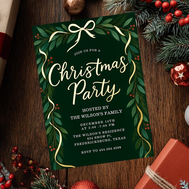 Invitation En Aluminium Elegant Gold Bow Greenery Christmas Party  (Créateur téléchargé)