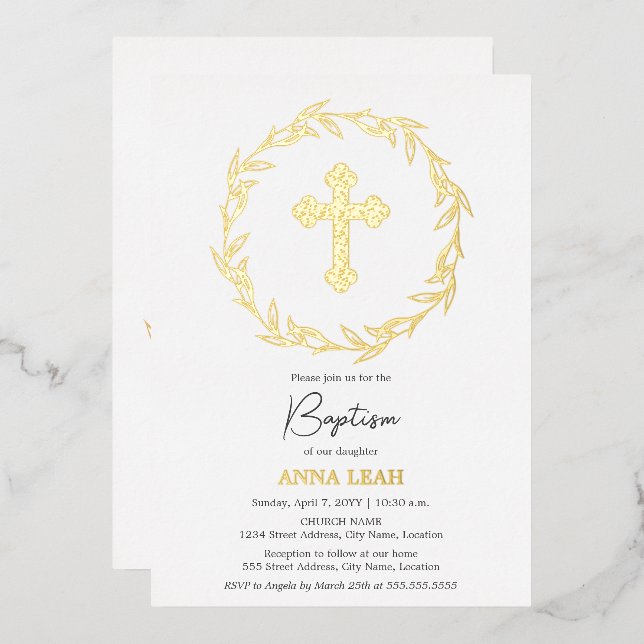 Invitation En Aluminium Elégant Gold Cross Baptism (Recto/Verso)