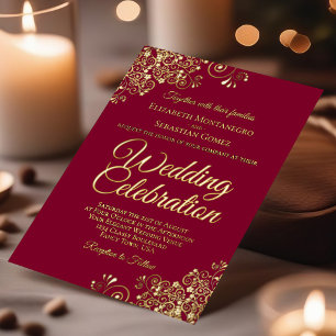 Invitation En Aluminium Elégant Gold Floral Frills Burgundy Maroon Mariage