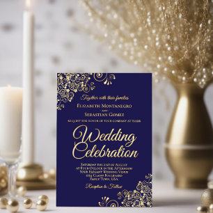 Invitation En Aluminium Elégant Gold Floral Frills Dark Navy Blue Mariage